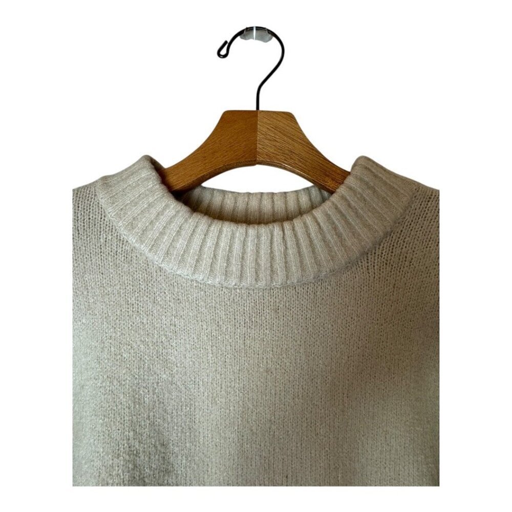 JOA Sweater Women‎ Small Ivory Navy Blue Trim Knit Hi Low Tie Sleeve Sweater - Picture 4 of 10